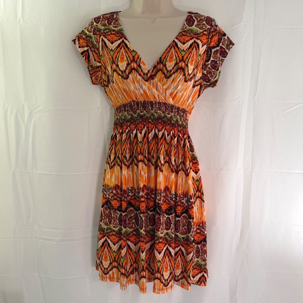 Cristina Love Orange Ikat Geometric Smocked Waist V-Neck Dress Large